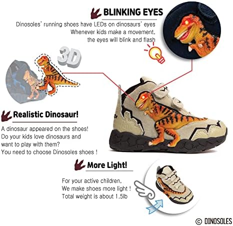 Dinosoles 3d T-Rex trepereći LED dječji dinosaur cipele. Lagane dječje tenisice. Tan mala djeca 1 veličina.