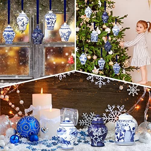 8 PCS božićni mini đumbir staklenke ukrasi chinoiserie porculan viseći ukrasi keramički božićni ukrasi plavo -bijeli ukrasi za božićno
