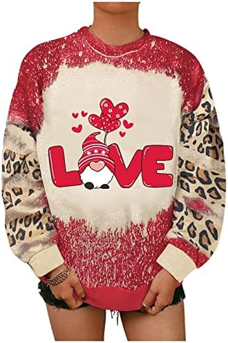Oplxuo sretni valentinovi duksevi za žene Slatka Djeda kravata boja dugi rukav Posada labave pulover Top Love Heart Print
