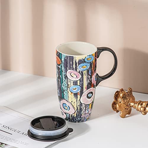 Keramička šalica za kavu od 17 oz, porculanska šalica za čaj Latte s poklopcem, akvarel doodle
