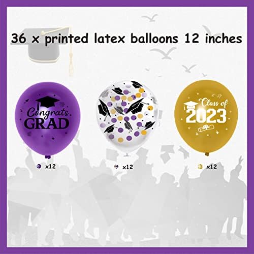 Set maturalnih balona od 36 pakiranja ljubičasto-zlatni 2023 tiskani baloni s konfetama ljubičasto-Zlatni za maturalnu klasu 2023-Čestitamo,