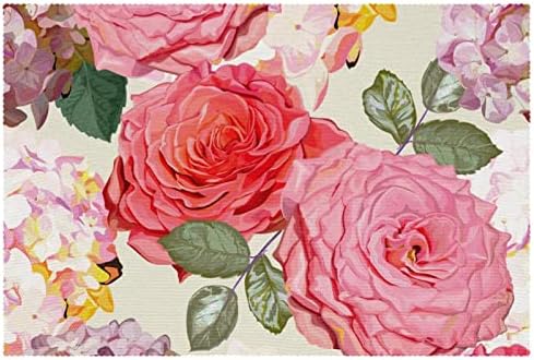 Ružičasta akvarelna prostirka s cvjetnim printom hortenzije i ruže za ukrašavanje unutarnjeg i vanjskog kuhinjskog blagovaonskog stola,
