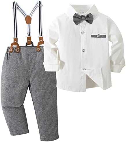 Toddler Boys Gentleman Outfits odijela, dječji tuxedo odjeća za odjeću + hlače za suspendiranje + kravata s lukom 12 mjeseci-5t bijela