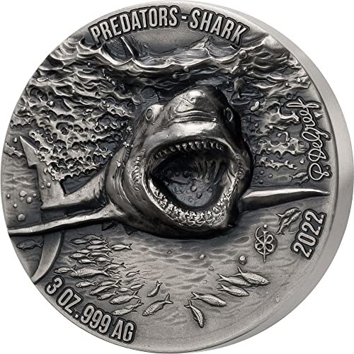 2022 de Predotors Powercoin Great White Shark 3 Oz Silver Coin 5000 franaka Slonovača Coast 2022 Antique Finish