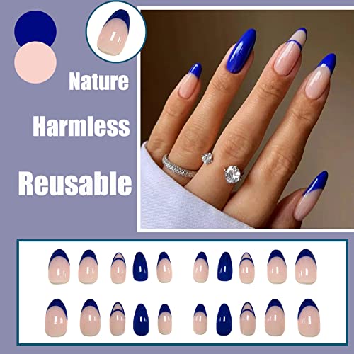 Plavi francuski savjeti za nokte na noktima Kratki ovalni lažni nokti s linearnim uzorkom zalijepljeni na nokte s dizajnom zalijepljeni