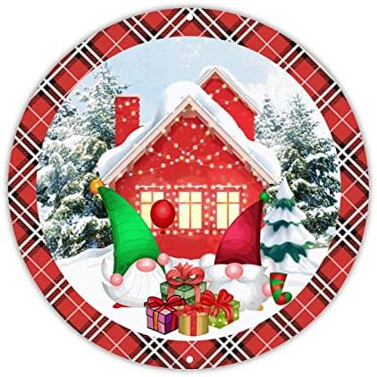 Decstic dobrodošli znak Božić s gnome okruglim aluminijskim potpisom snježna kuća Buffalo Plasni znak dolazi metalna ploča limenka