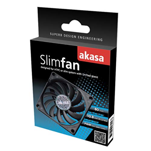 Akasa Slimfan | PWM Fan Fan | 80 mm PC ventilator | 4-pinski ventilator za hlađenje | 80 x 80 x 10,8 mm | Crni | Prikladno za HTPC