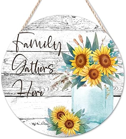 Dobrodošli znak Obitelj okuplja ovdje okrugli drveni znak Vintage proljetni suncokret cvijet u vazi Viseti zidni vrtni vrt cvjetni