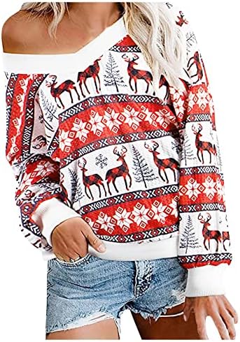 HUANGD ženski casual vrhovi jesen/zima dvostruki v-izrez božićni print Spajanje dugih rukava majica ružni džemper