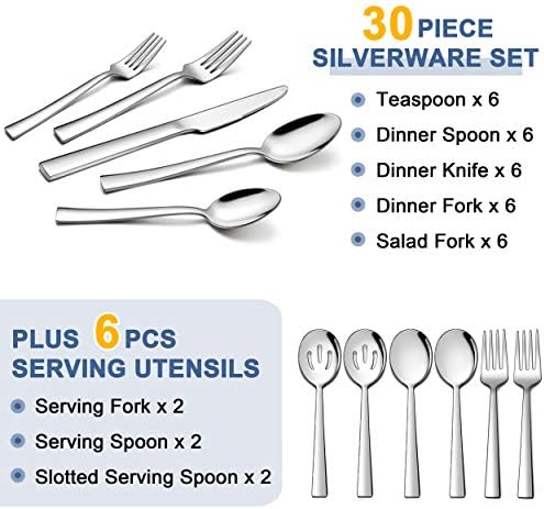 42-dijelni set posuđa od nehrđajućeg čelika i srebrnog posuđa set za posluživanje od 6, 6 komada 8-inčni tanjuri za jelo s 36 četvrtastih