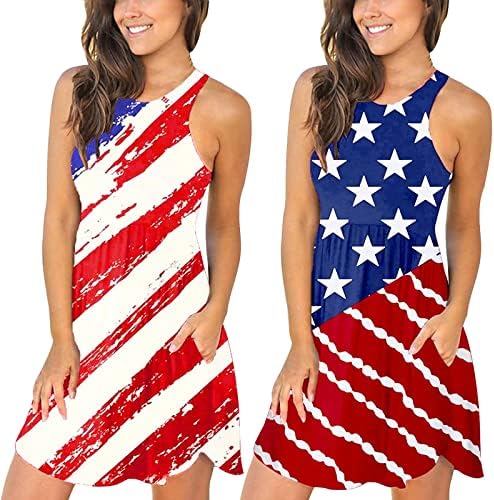 4. srpnja Ležerne ljetne haljine Za plažu za žene s američkom zastavom, boemska Haljina Bez rukava s okruglim vratom, lepršava labava