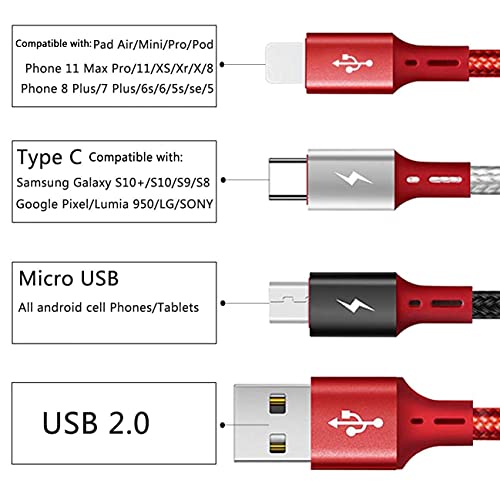 ASICEN Multi Charging Cable 3Pack Kratki kabel za многозарядного uređaja s оплеткой dužine 1 ft Univerzalni USB-kabel 3 u 1 s nekoliko