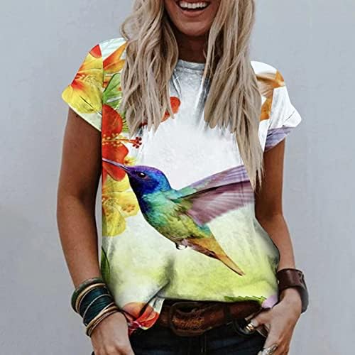 Cvjetni hummingbird Graphic Slatka majica za žene labave fit bluze s kratkim rukavima Drvane ležerne tunične vrhove