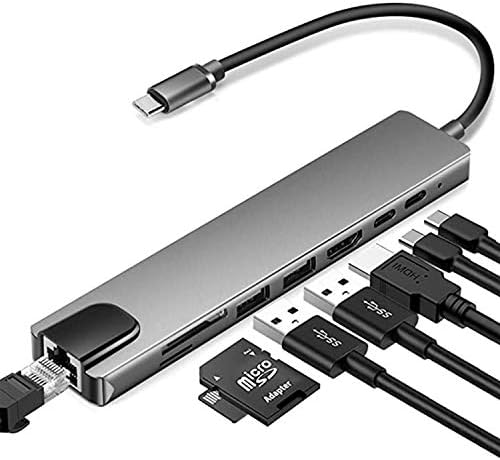 Многопортовый USB adapter C 8 u 1, Type C do 4K HDMI / USB3.0 / USB-C / RJ45 / SD / TF kartica Čitač kartica, Višenamjenski produžetak