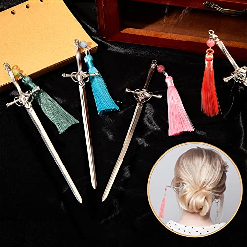 4 komada srebrnih štapića za mač metalne kopče za kosu u kineskom stilu Elegantni štapići za kosu s četkom za prašinu Pribor za kosu