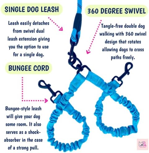 Dvostruki pseći bungee povodac za sve pasmine pasa, dual pse s 360 okretna kopča - zapetljani bez udara koji apsorbira šok bungee y
