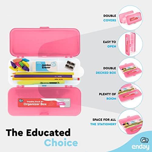 Kutija za olovke za olovke ružičasta, plastična futrola za olovku s dvostrukom palubom s 5 odjeljaka, Organizator za pohranu opremnih