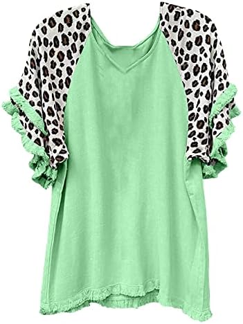 Lime zelene majice s kratkim rukavima Žene ugušeni dekolte leopard otisak opuštena fit Fringe Fairy Tassel vrhovi majice tinejdžerke